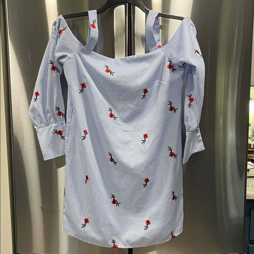 Striped Off-Shoulder Dress with Floral Embroidery